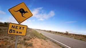 Kangaroo warning sign on a road in the Australian outback. Western New South Wales.