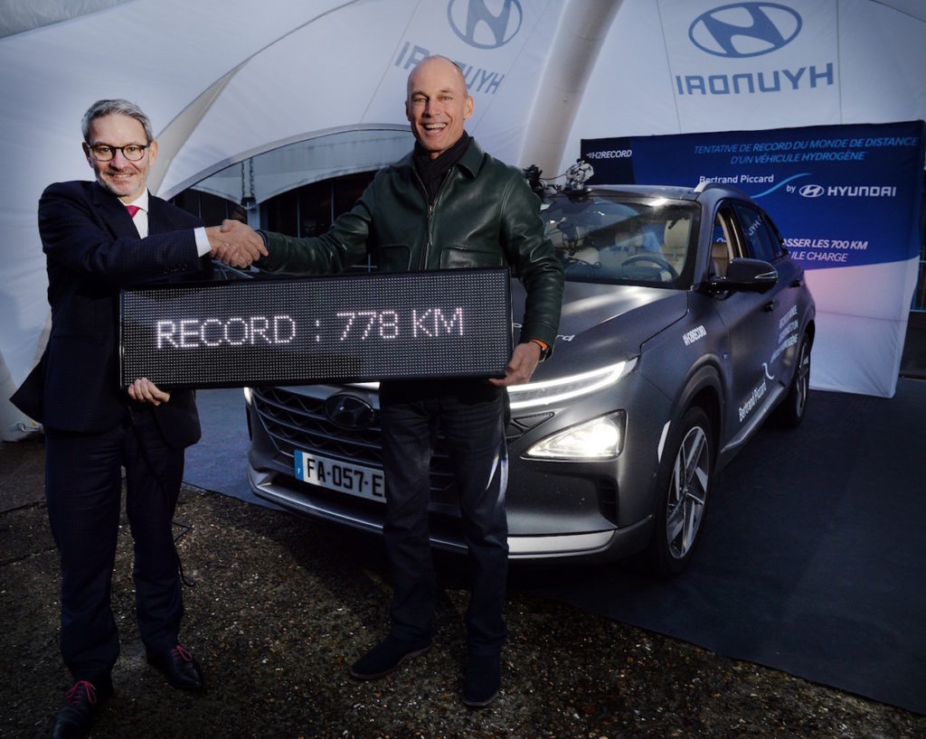 778 Km percorsi con un pieno di idrogeno, Hyundai Nexo, Bertrand Piccard, Francia