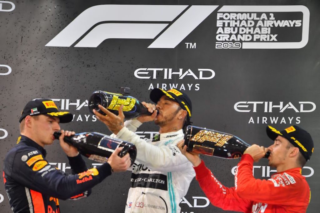 Podio GP Abu Dhabi F1 2019, Lewis Hamilton, Max Verstappen, Charles Leclerc