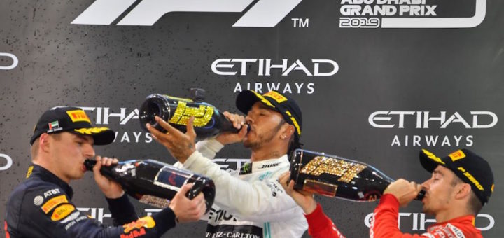 Podio GP Abu Dhabi F1 2019, Lewis Hamilton, Max Verstappen, Charles Leclerc