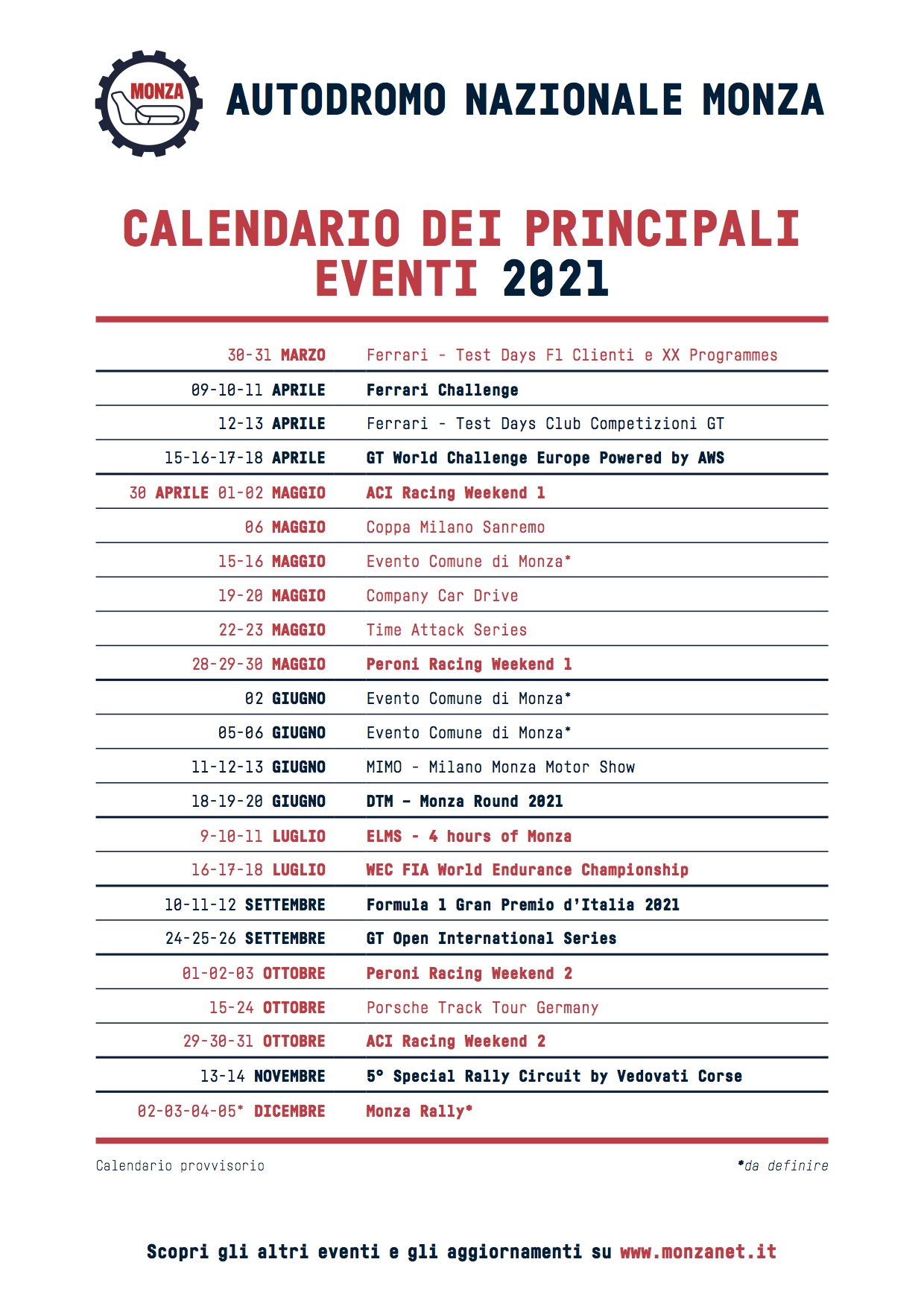 Autodromo Nazionale Monza il calendario sportivo 2021