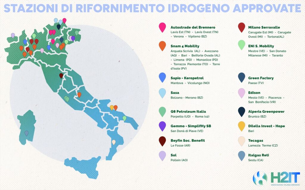 Mappa infografica 36 nuove stazioni rifornimento idrogeno